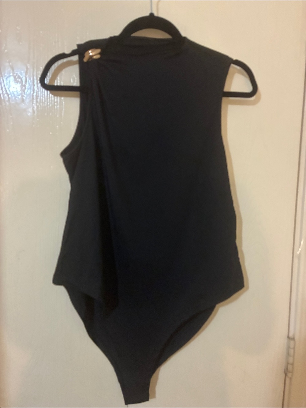 Sleeveless Black Asymmetrical Bodysuit with Gold Accent